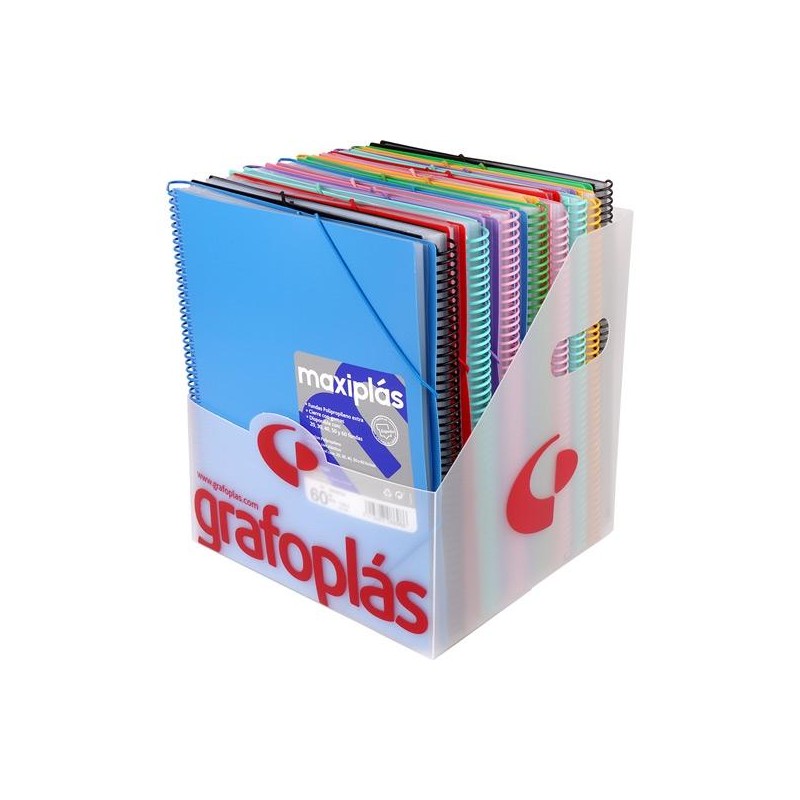 GRAFOPLÁS CARPETA CON FUNDAS MAXIPLÁS SURTIDAS ESPIRAL A4 C/SOBRE PP RÍGIDO OPACO C/SURTIDOS EXPOSITOR 16 UD