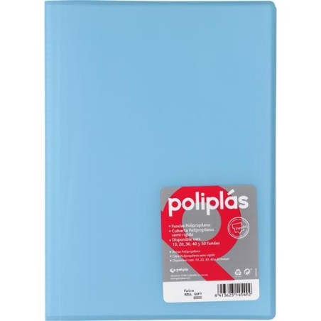 GRAFOPLÁS CARPETA CON FUNDAS POLIPLÁS SOLDADAS FOLIO 10 FUNDAS PP SEMIRÍGIDO TRANSLÚCIDO AZUL SOFT
