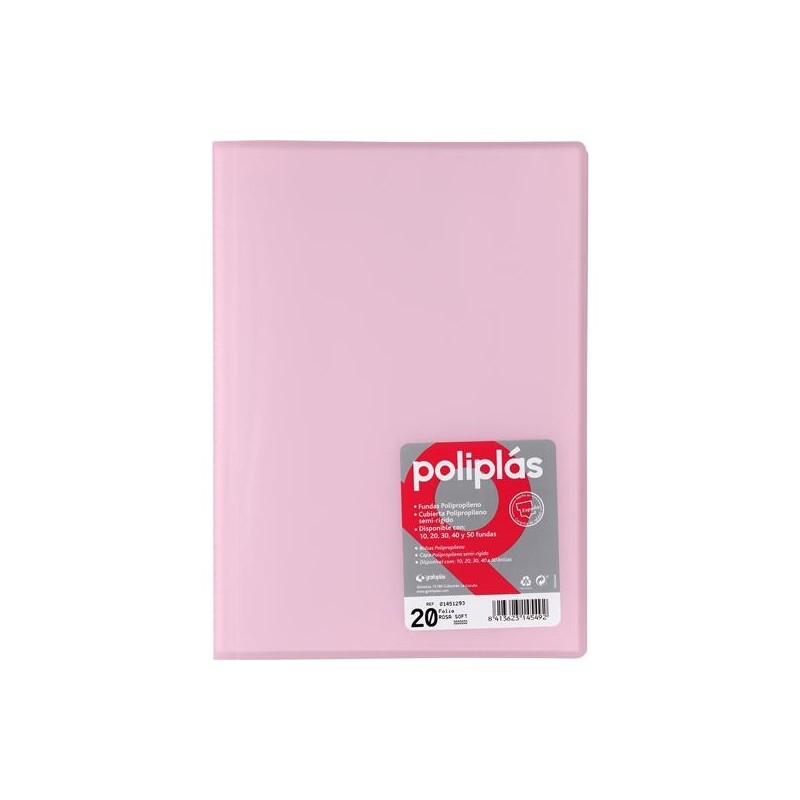 GRAFOPLÁS CARPETA CON FUNDAS POLIPLÁS SOLDADAS FOLIO 20 FUNDAS PP SEMIRÍGIDO TRANSLÚCIDO ROSA SOFT