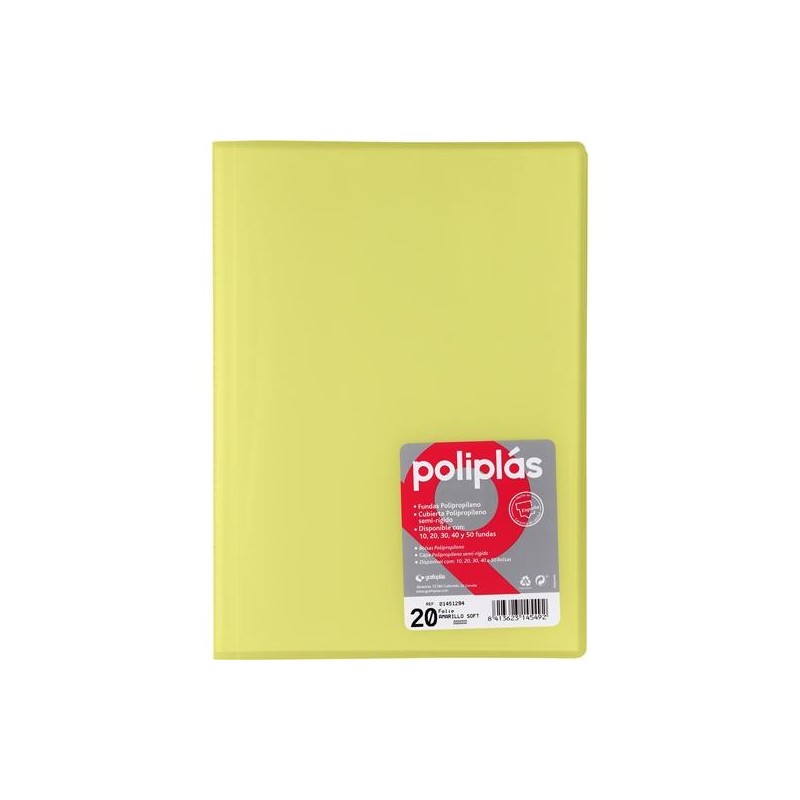 GRAFOPLÁS CARPETA CON FUNDAS POLIPLÁS SOLDADAS FOLIO 20 FUNDAS PP SEMIRÍGIDO TRANSLÚCIDO AMARILLO SOFT