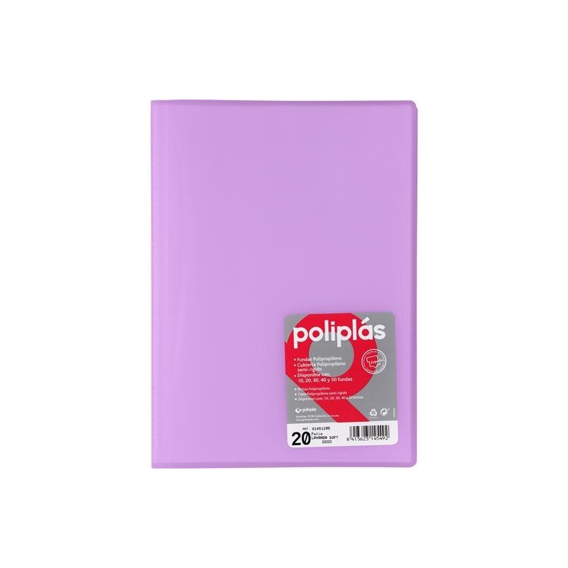 GRAFOPLÁS CARPETA CON FUNDAS POLIPLÁS SOLDADAS FOLIO 20 FUNDAS PP SEMIRÍGIDO TRANSLÚCIDO LAVANDA SOFT