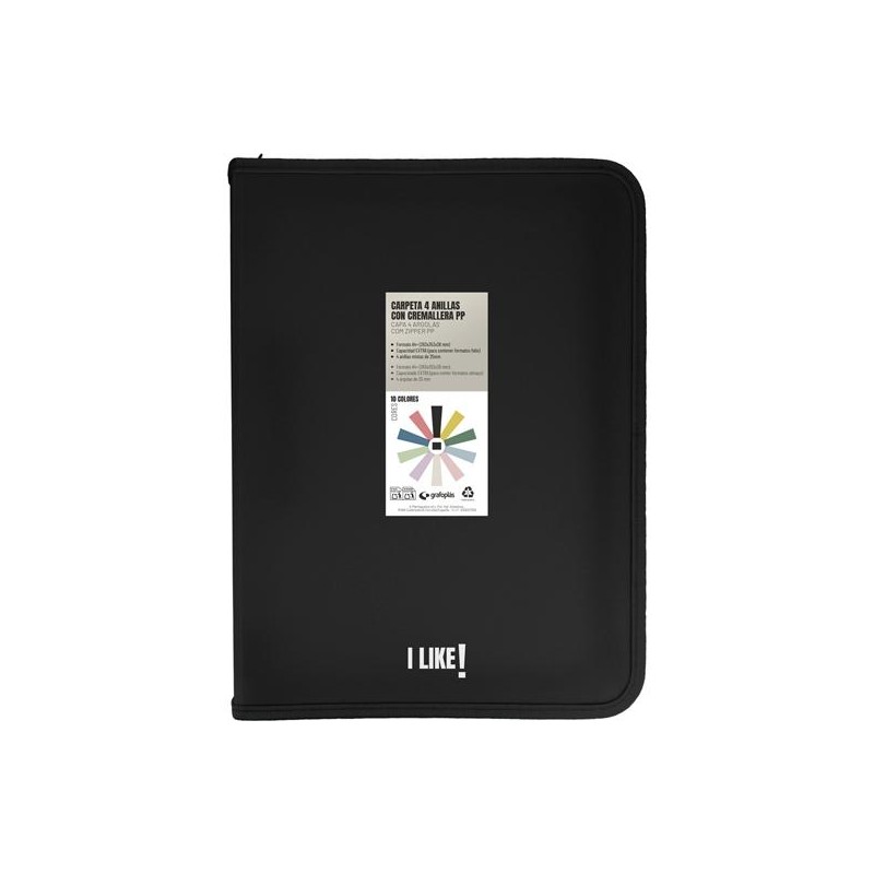 GRAFOPLÁS CARPETA ANILLAS MIXTAS 4X25MM CON CREMALLERA I LIKE A4+ PP RÍGIDO OPACO NEGRO