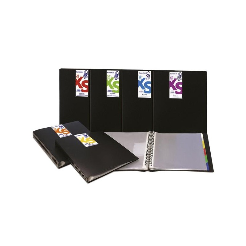 GRAFOPLÁS CARPETA 20 FUNDAS ESPIRAL A4 EXTRAÍBLES CALIDAD EXTRA 5 SEPARADORES PP TRANSLÚCIDO RÍGIDO IN & OUT NEGRO