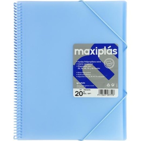 GRAFOPLÁS CARPETA CON FUNDAS MAXIPLÁS ESPIRAL A4 20 FUNDAS C/SOBRE PP RÍGIDO TRANSLÚCIDO AZUL SOFT