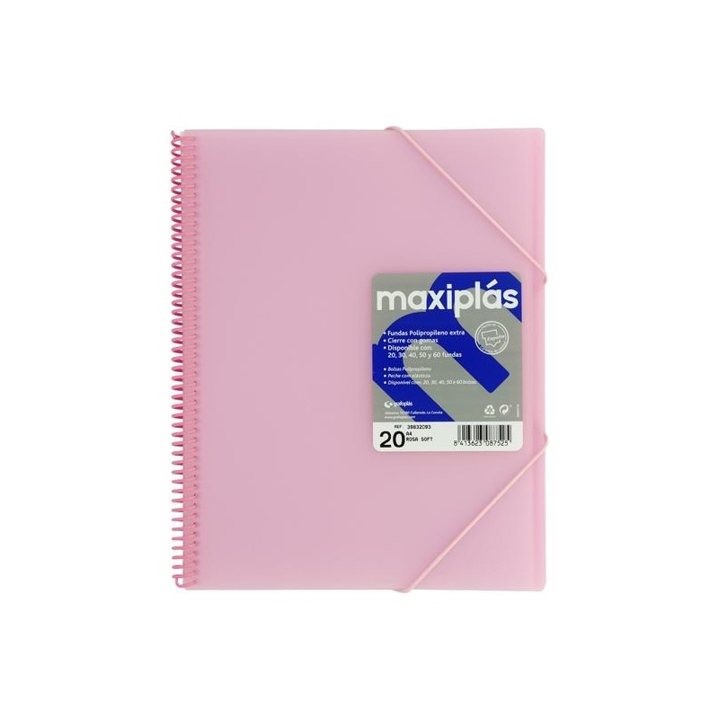 GRAFOPLÁS CARPETA CON FUNDAS MAXIPLÁS ESPIRAL A4 20 FUNDAS C/SOBRE PP RÍGIDO TRANSLÚCIDO ROSA SOFT