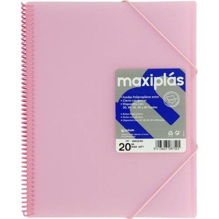 GRAFOPLÁS CARPETA CON FUNDAS MAXIPLÁS ESPIRAL A4 20 FUNDAS C/SOBRE PP RÍGIDO TRANSLÚCIDO ROSA SOFT