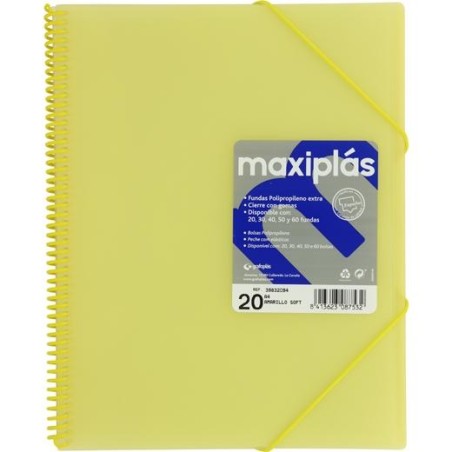 GRAFOPLÁS CARPETA CON FUNDAS MAXIPLÁS ESPIRAL A4 20 FUNDAS C/SOBRE PP RÍGIDO TRANSLÚCIDO AMARILLO SOFT