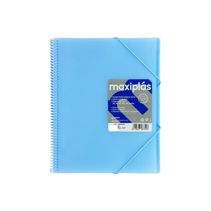 GRAFOPLÁS CARPETA CON FUNDAS MAXIPLÁS ESPIRAL A4 30 FUNDAS C/SOBRE PP RÍGIDO TRANSLÚCIDO AZUL SOFT