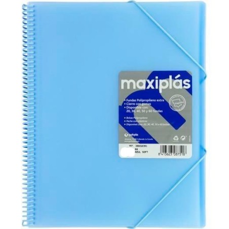 GRAFOPLÁS CARPETA CON FUNDAS MAXIPLÁS ESPIRAL A4 30 FUNDAS C/SOBRE PP RÍGIDO TRANSLÚCIDO AZUL SOFT