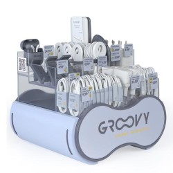 GROOVY EXPOSITOR CARGADORES PARED USB-A/TIPO-C, SOPORTE COCHE, CABLES USB/MICRO-USB/LIGHTNING/TYPE C + AURICULARES -62U-