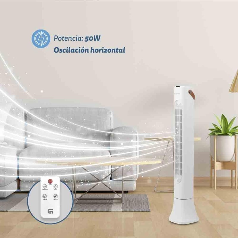 GRUNKEL VENTILADOR DE TORRE 50W 3 VELOCIDADES C/TEMPORIZADOR Y MANDO A DISTANCIA BLANCO
