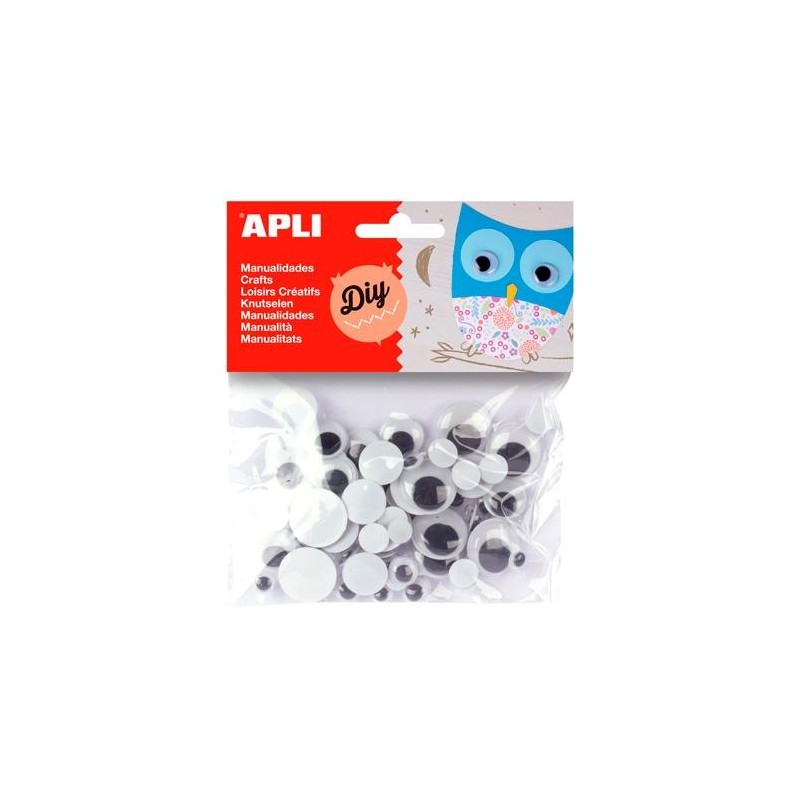 APLI OJOS MÓVILES NEGROS REDONDOS SIN ADHESIVO TAMAÑOS SURTIDOS -BOLSA 75U-