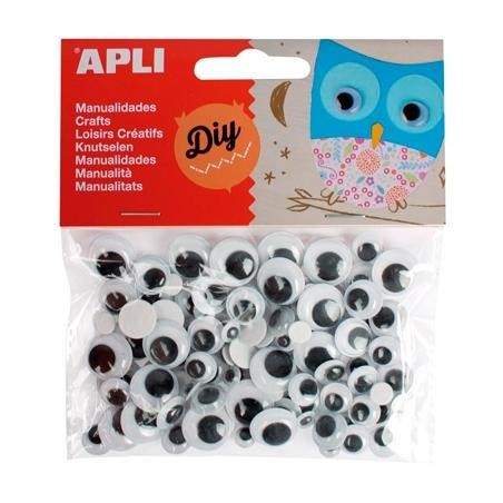 APLI OJOS MÓVILES NEGROS REDONDOS ADHESIVOS TAMAÑOS SURTIDOS -BOLSA 100U-