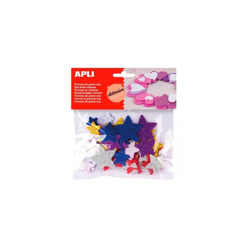 APLI FORMAS GOMA EVA ADHESIVAS ESTRELLAS CON PURPURINA METALIZADA COLORES SURTIDOS -50U-