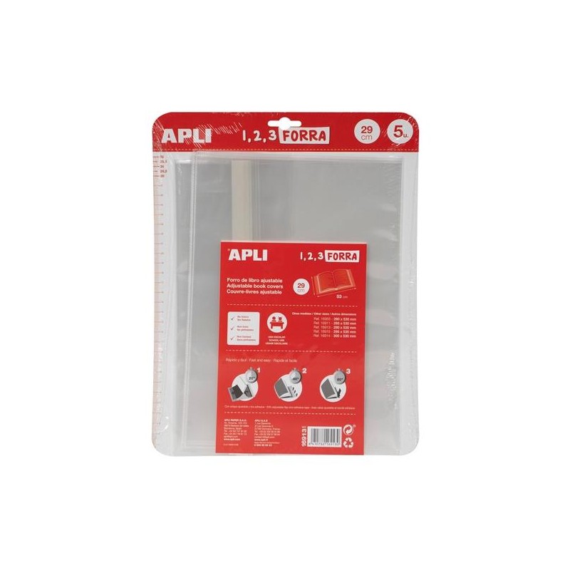 APLI FORRO DE LIBROS CON SOLAPA AJUSTABLE 290MM PP 75 MICRAS BLÍSTER 5 UD