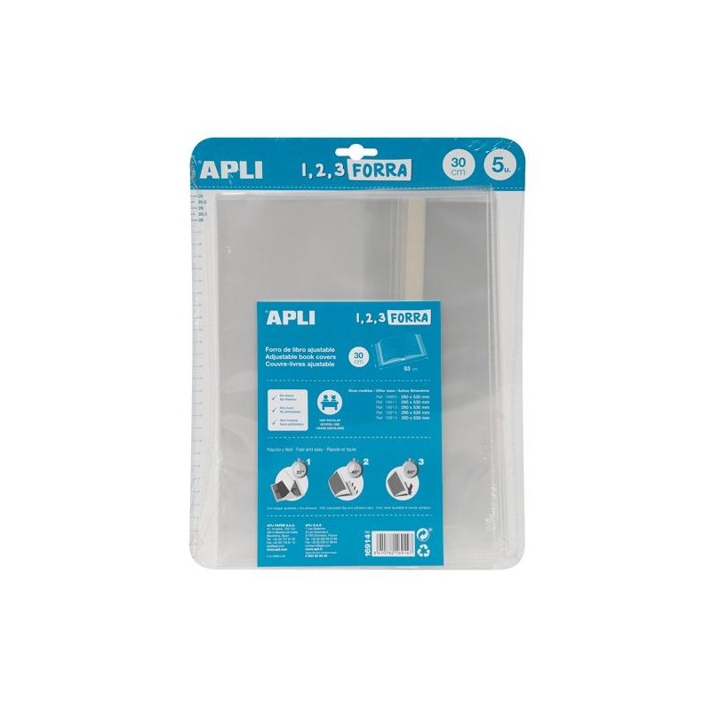 APLI FORRO DE LIBROS CON SOLAPA AJUSTABLE 300MM PP 75 MICRAS BLÍSTER 5 UD