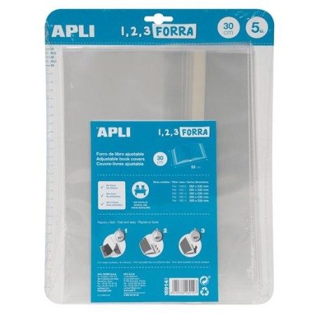 APLI FORRO DE LIBROS CON SOLAPA AJUSTABLE 300MM PP 75 MICRAS BLÍSTER 5 UD