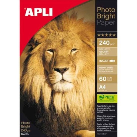 APLI PAPEL FOTOGRÁFICO PROFESIONAL PHOTO BRIGHT A4 240GR INKJET PAQUETE 60H BLANCO BRILLO