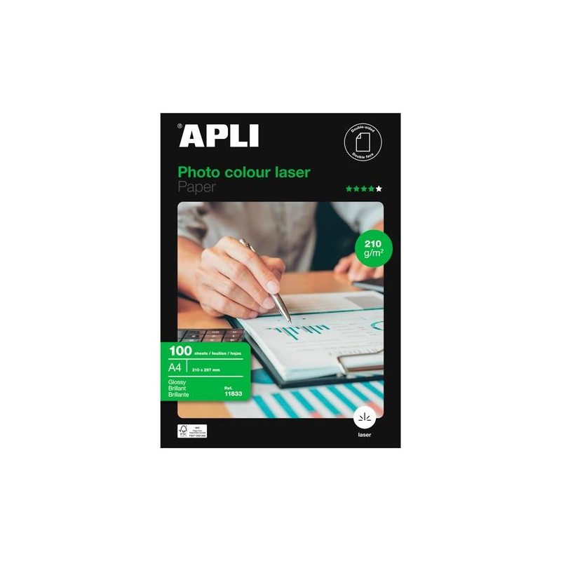 APLI PAPEL FOTOGRÁFICO A4 210GR LÁSER DOBLE CARA PAQUETE 100H BLANCO BRILLO