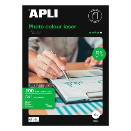 APLI PAPEL FOTOGRÁFICO A4 210GR LÁSER DOBLE CARA PAQUETE 100H BLANCO BRILLO