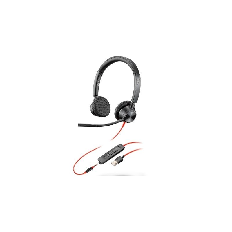 HP POLY AURICULARES BLACKWIRE 3325 DIADEMA BINAURAL C/ MICRÓFONO CONTROL DE VOLUMEN CABLE USB- C/A +JACK 3,5MM NEGRO