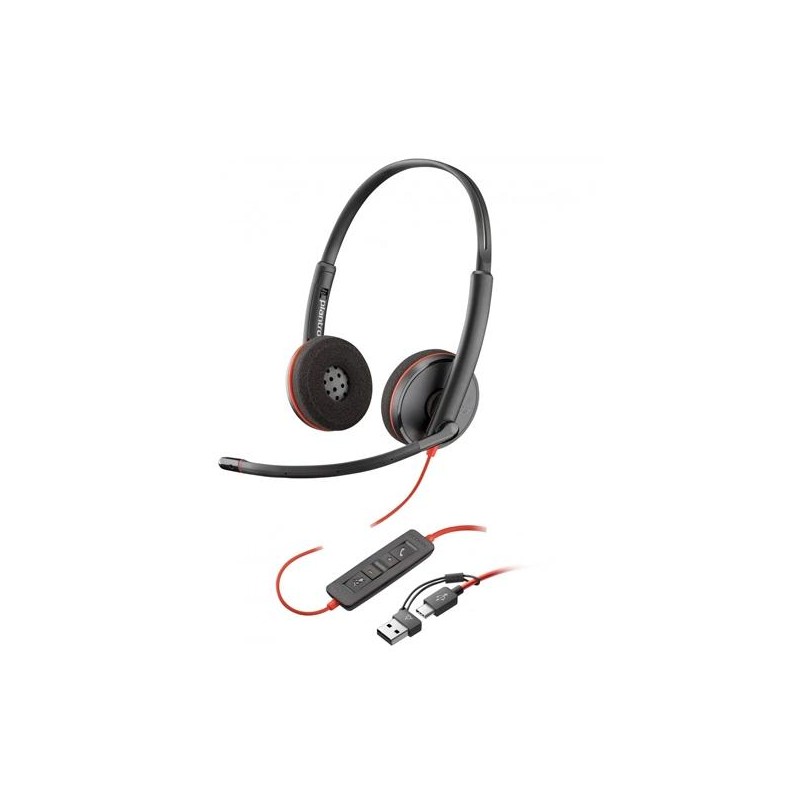 HP POLY AURICULARES BLACKWIRE C3220 DIADEMA BIAURAL ESTÉREO MICRÓFONO CONTROL DE VOLUMEN CON ADAPTADOR USB-A/USB-C NEGRO