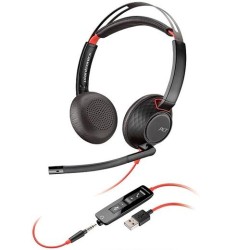 HP POLY AURICULARES BLACKWIRE 5220 DIADEMA BINAURAL C/ MICRÓFONO CONTROL DE VOLUMEN CABLE USB+JACK 3,5MM NEGRO/ROJO