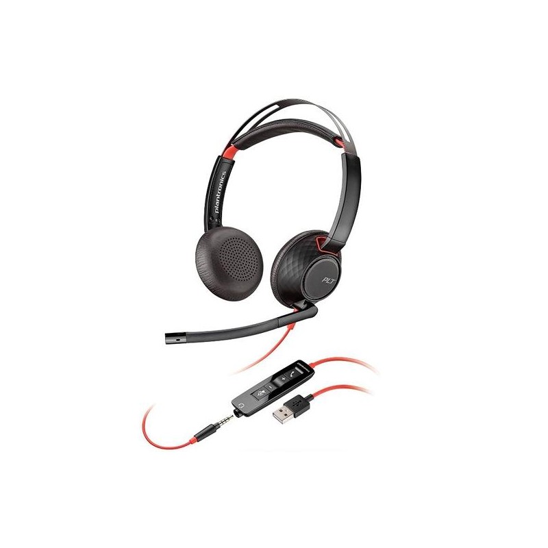 HP POLY AURICULARES BLACKWIRE 5220 DIADEMA BINAURAL C/ MICRÓFONO CONTROL DE VOLUMEN CABLE USB+JACK 3,5MM NEGRO/ROJO