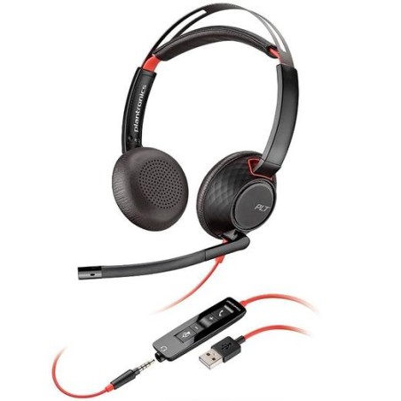 HP POLY AURICULARES BLACKWIRE 5220 DIADEMA BINAURAL C/ MICRÓFONO CONTROL DE VOLUMEN CABLE USB+JACK 3,5MM NEGRO/ROJO