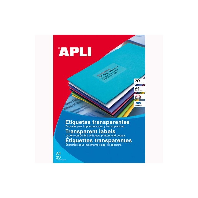 APLI ETIQUETAS ADHESIVAS 210X297MM LÁSER C/RECTOS 1 X 20H POLIÉSTER TRANSPARENTE