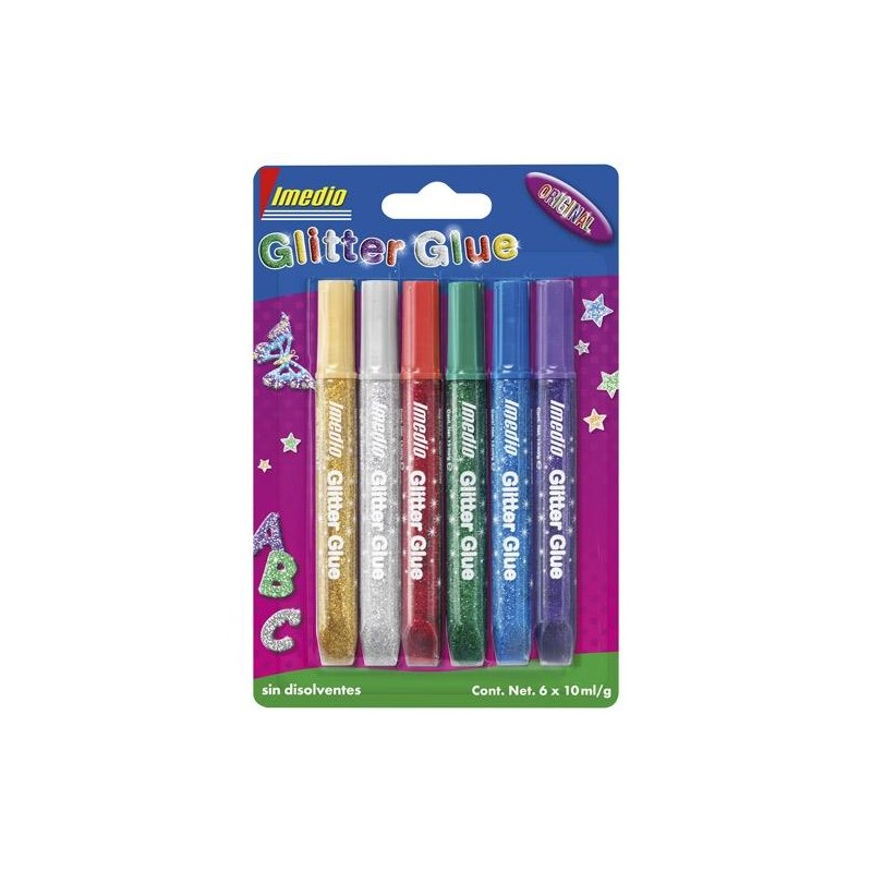 IMEDIO ADHESIVO GLITTER GLUE ORIGINAL TUBO 10ML SIN DISOLVENTES BLÍSTER 6 UD C/SURTIDOS