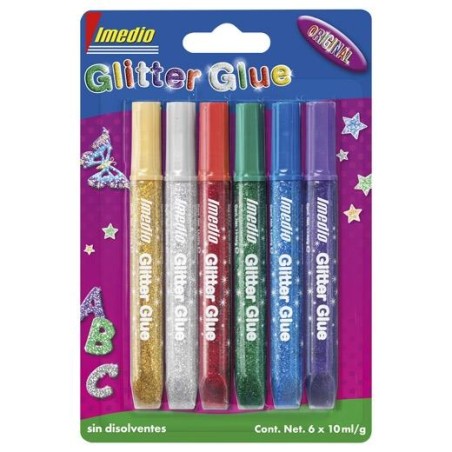 IMEDIO ADHESIVO GLITTER GLUE ORIGINAL TUBO 10ML SIN DISOLVENTES BLÍSTER 6 UD C/SURTIDOS