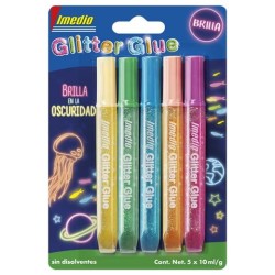 IMEDIO ADHESIVO GLITTER GLUE BRILLA EN LA OSCURIDAD TUBO 10ML BLÍSTER 5 C/SURTIDOS