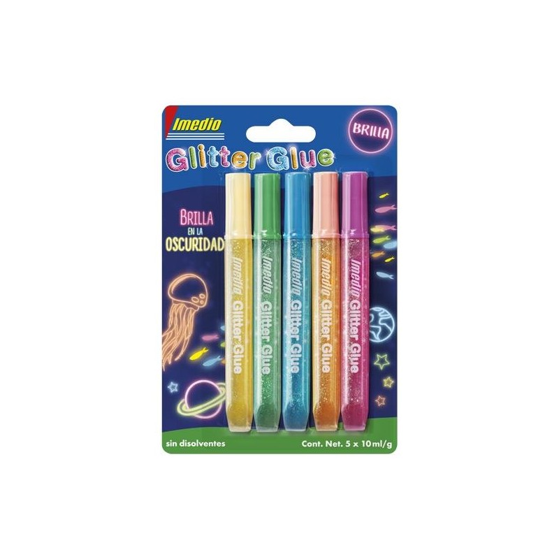 IMEDIO ADHESIVO GLITTER GLUE BRILLA EN LA OSCURIDAD TUBO 10ML BLÍSTER 5 C/SURTIDOS