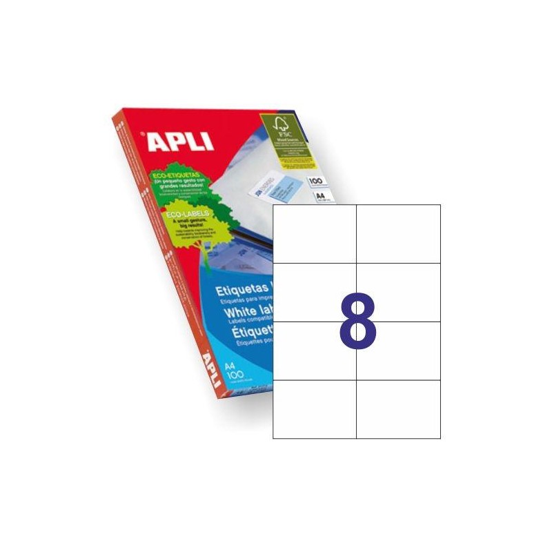 APLI ETIQUETAS ADHESIVAS 105X74MM INKJET/LÁSER C/RECTOS 8 X 100H BLANCO