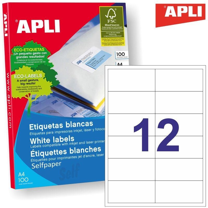 APLI ETIQUETAS ADHESIVAS 97X42,4MM INKJET/LÁSER C/RECTOS 12 X 100H BLANCO