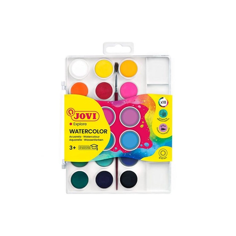 JOVI ACUARELAS EN PASTILLAS 22MM CON PINCEL COLORES SURTIDOS ESTUCHE 18 UD