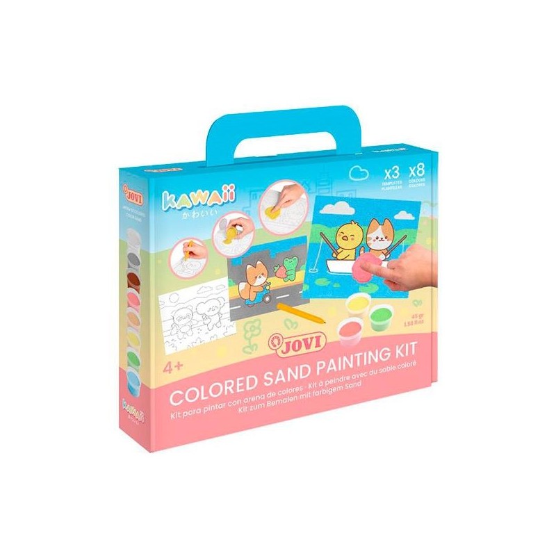 JOVI KIT KAWAII PINTA CON ARENA DE COLORES CON 8 BOTES 45GR SURTIDOS + 3 LÁMINAS + PUNZÓN