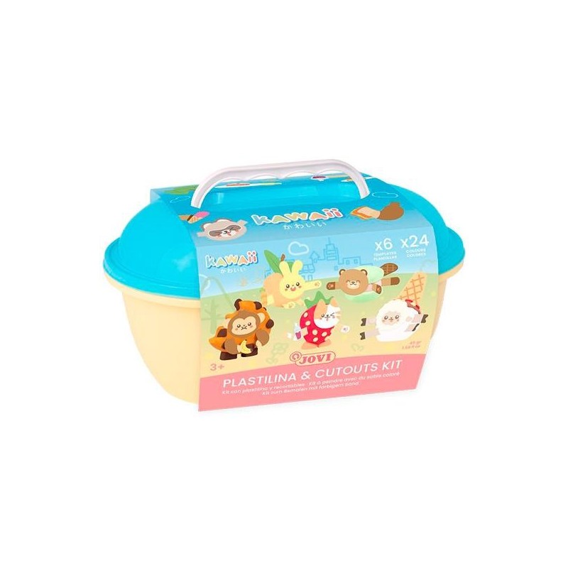 JOVI COFRE KAWAII 24 PASTILLAS PLASTILINA 15GR + TROQUELADO0S + 3 ESPÁTULAS DE COLORES
