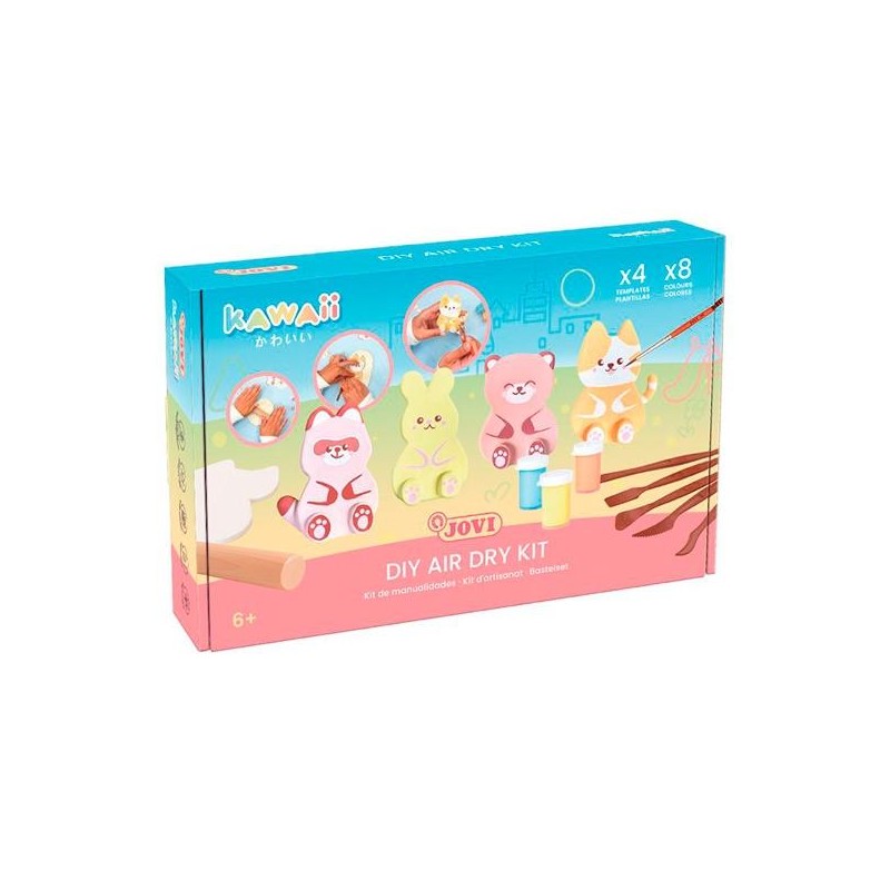 JOVI KIT KAWAII CON PASTA ENDURECIBLE AIR DRY 500GR + 4 PLANTILLAS + PINTURAS + COMPLEMENTOS