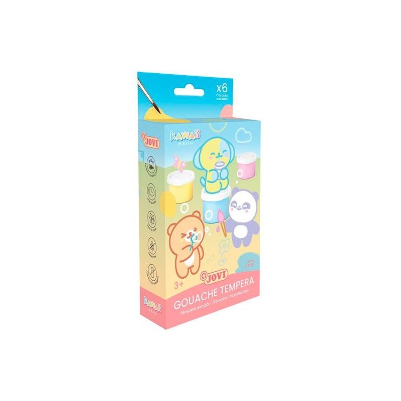 JOVI TÉMPERA KAWAII ESTUCHE 6 BOTES 35ML + PINCEL COLORES SURTIDOS PASTEL
