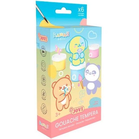 JOVI TÉMPERA KAWAII ESTUCHE 6 BOTES 35ML + PINCEL COLORES SURTIDOS PASTEL