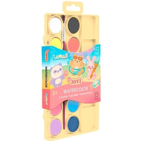 JOVI ACUARELAS KAWAII EN PASTILLAS 22MM CON PINCEL C/SURTIDOS ESTUCHE 12 UD