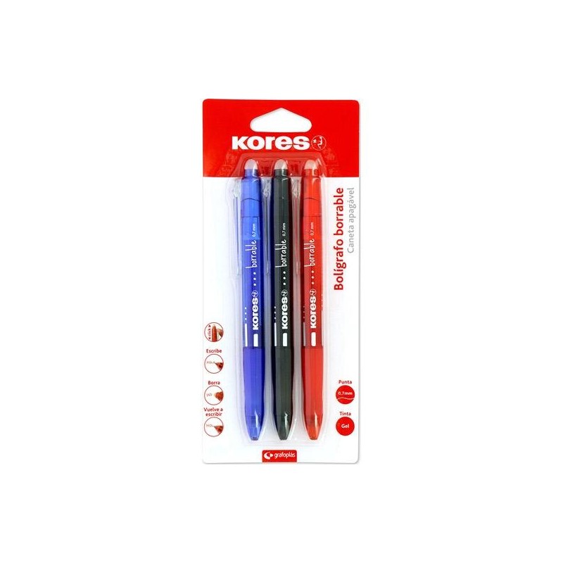 KORES BOLÍGRAFO TINTA BORRABLE GEL POINT 0.7MM C/SURTIDOS BLÍSTER 3 UD