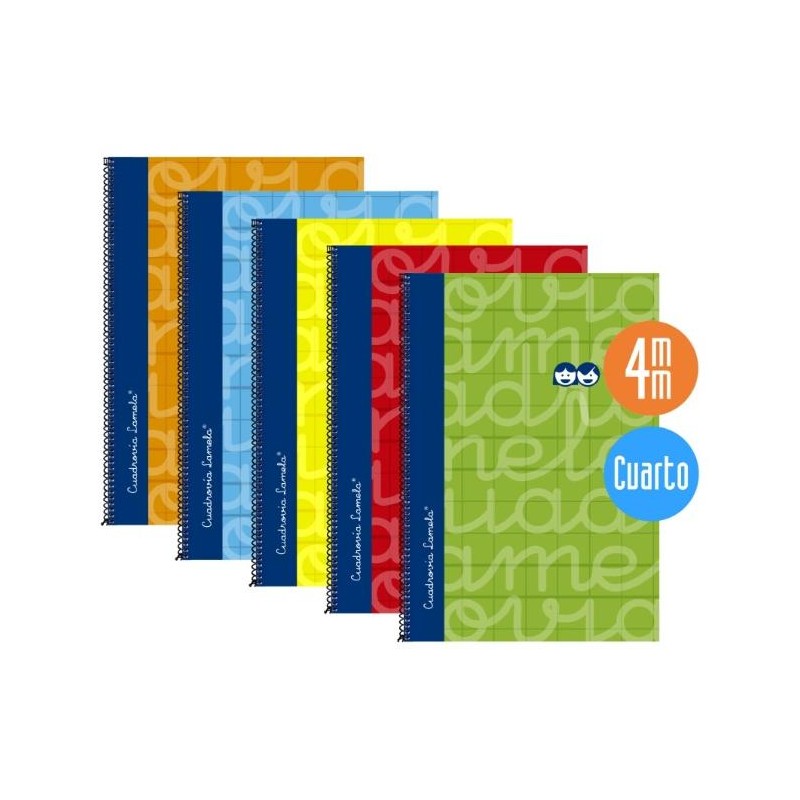 LAMELA CUADERNO ESPIRAL 80H 4º 70GR CUADROVÍA 4MM C/MARGEN CUBIERTA EXTRADURA C/SURTIDOS -PACK 5U-