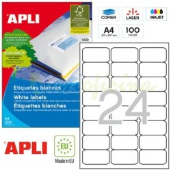 APLI ETIQUETAS ADHESIVAS 64X33,9MM INKJET/LÁSER C/ROMOS 24 X 100H BLANCO
