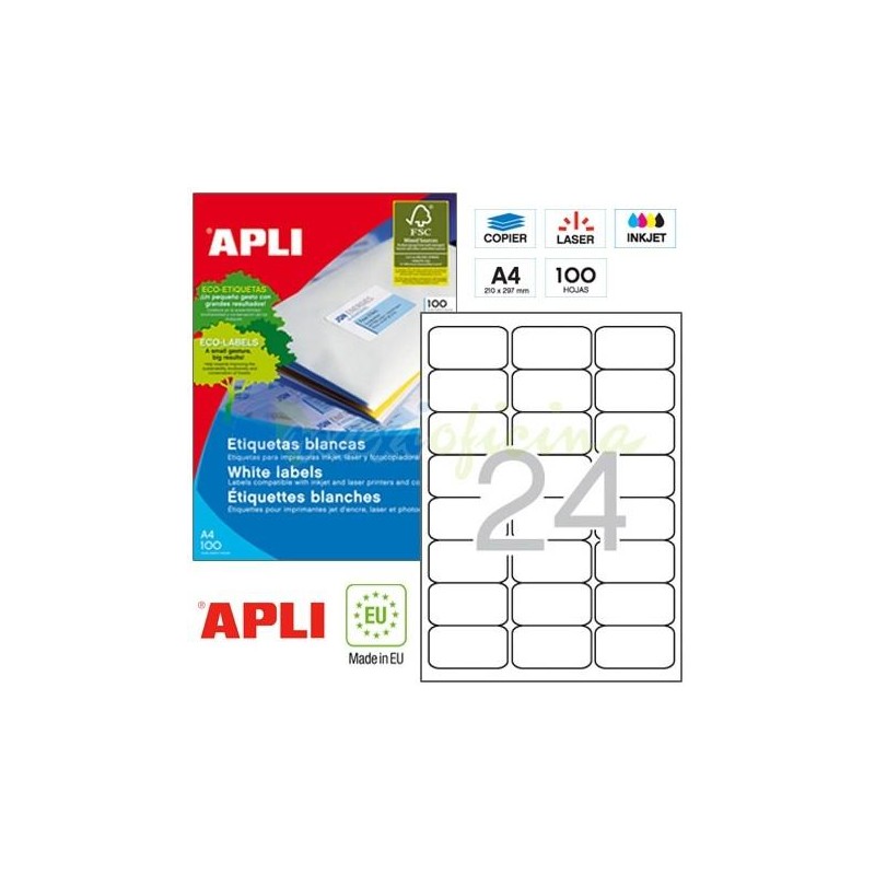 APLI ETIQUETAS ADHESIVAS 64X33,9MM INKJET/LÁSER C/ROMOS 24 X 100H BLANCO