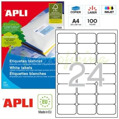 APLI ETIQUETAS ADHESIVAS 64X33,9MM INKJET/LÁSER C/ROMOS 24 X 100H BLANCO