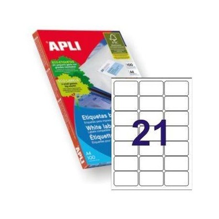 APLI ETIQUETAS ADHESIVAS 63,5X38,1MM INKJET/LÁSER C/ROMOS 21 X 100H BLANCO