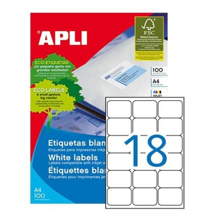 APLI ETIQUETAS ADHESIVAS 63,5X46,6MM INKJET/LÁSER C/ROMOS 18 X 100H BLANCO